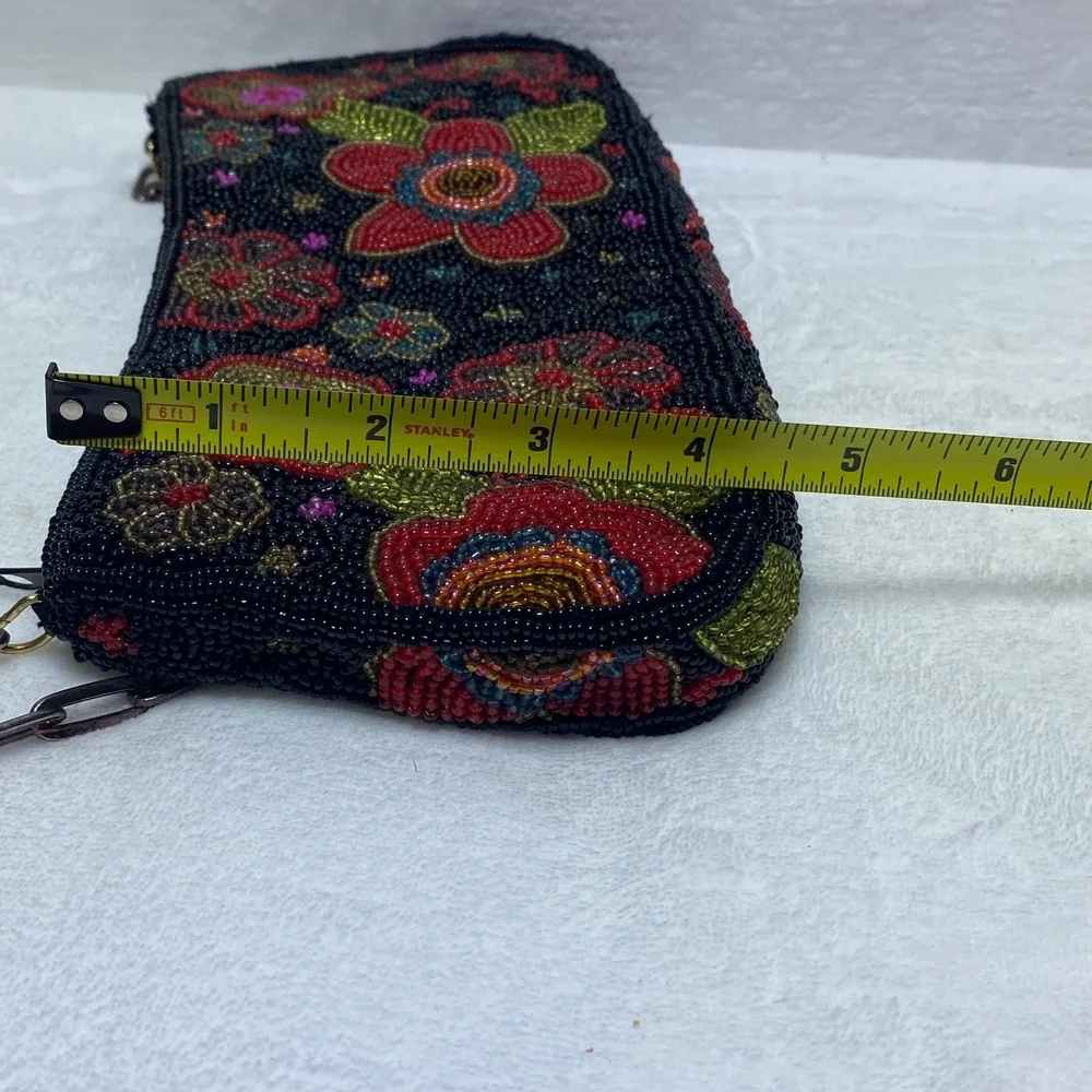Black Beaded Evening Baguette Bag Color Purse Clutch with Chain Strap Flowers‎